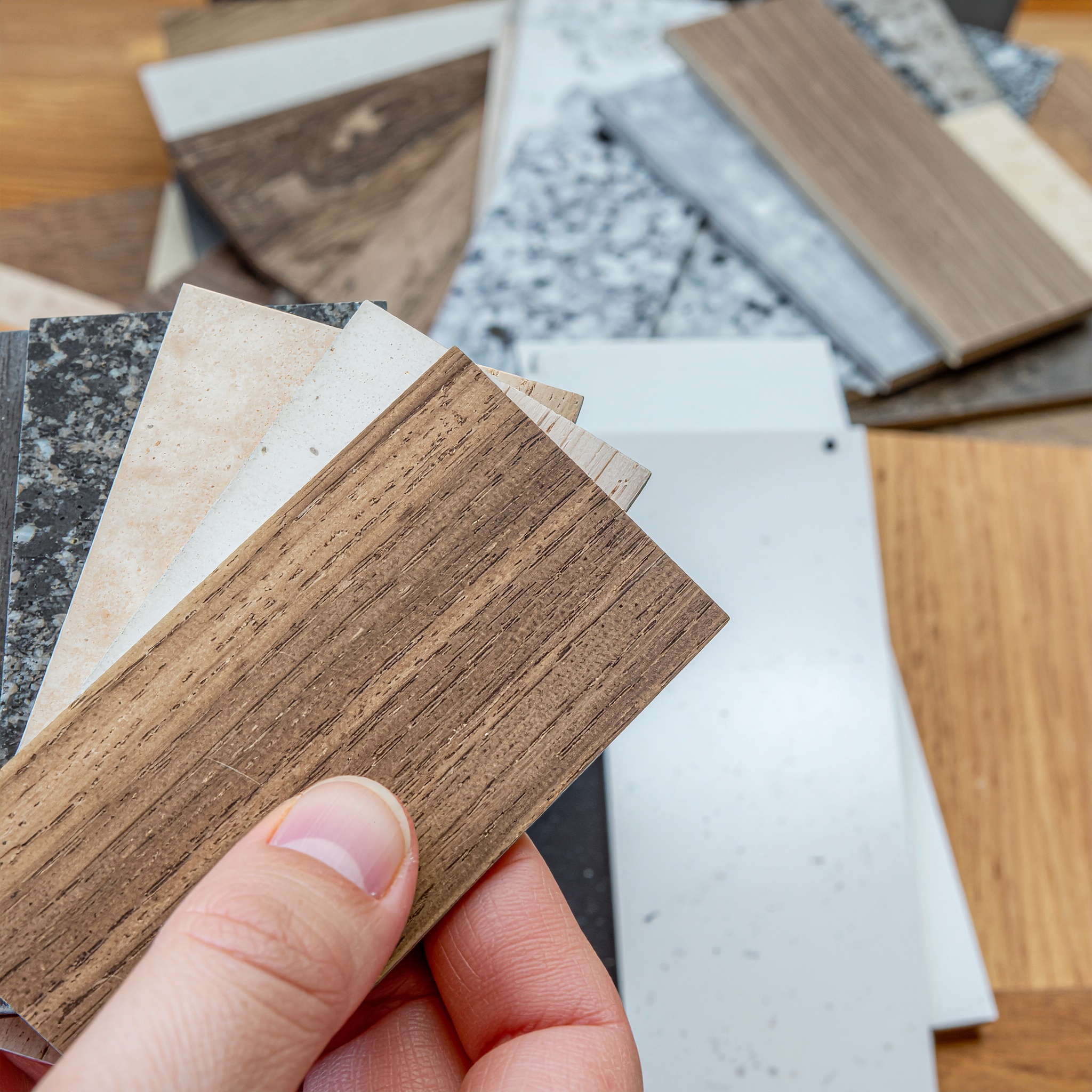 Close-up of a hand holding several wood and composite decking samples, with various stone, tile, and countertop material swatches scattered in the background, illustrating the material selection and design process.
