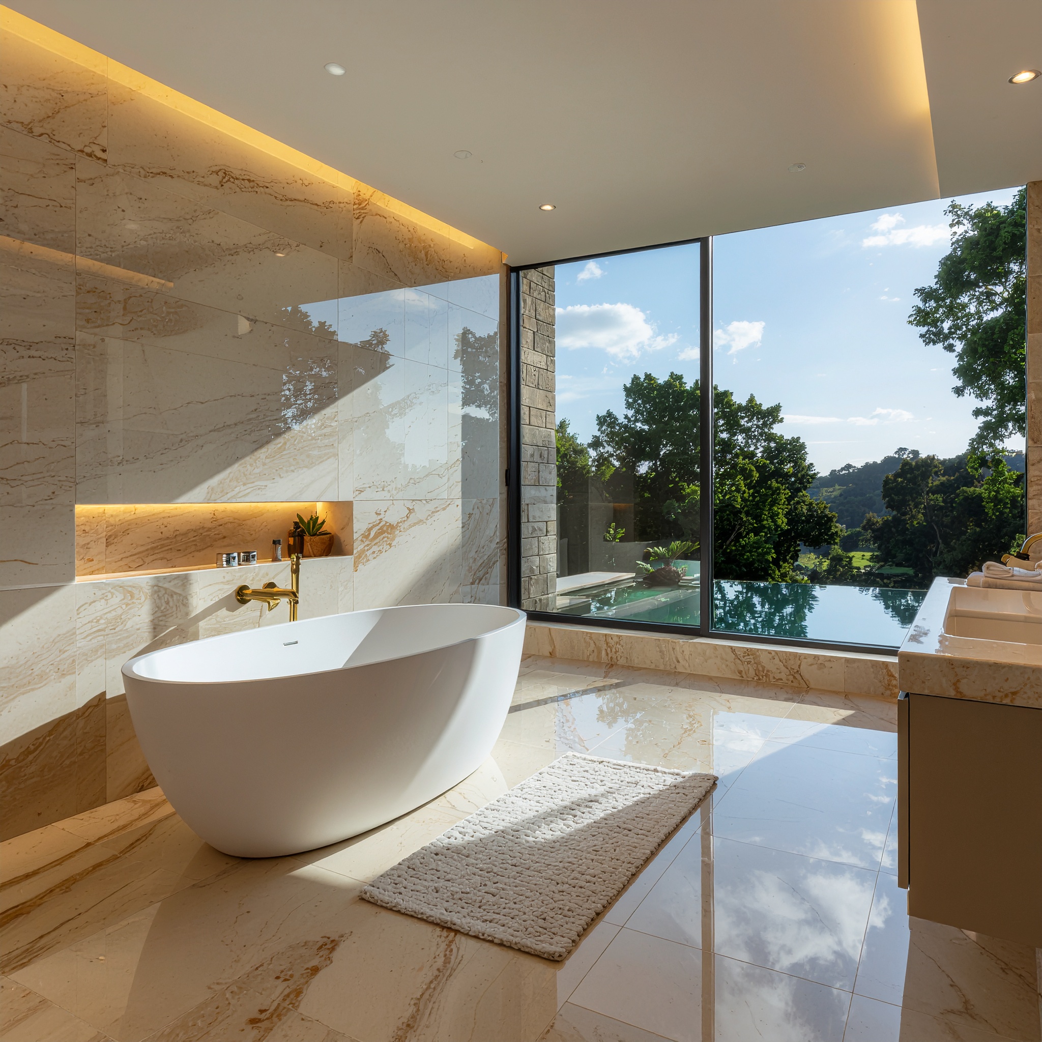 High-End Luxury Bathroom with Freestanding Tub and Panoramic Sunset View