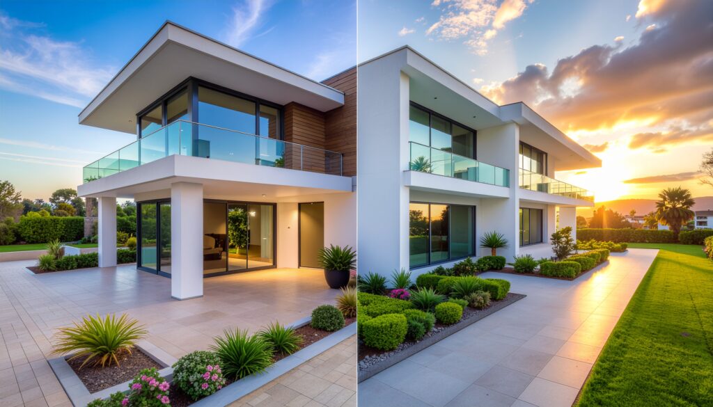 Stunning modern luxury villa in Quinta do Lago (Algarve, Portugal) featuring large glass windows, white walls, and a manicured garden at sunset, showcasing the successful remodel result.