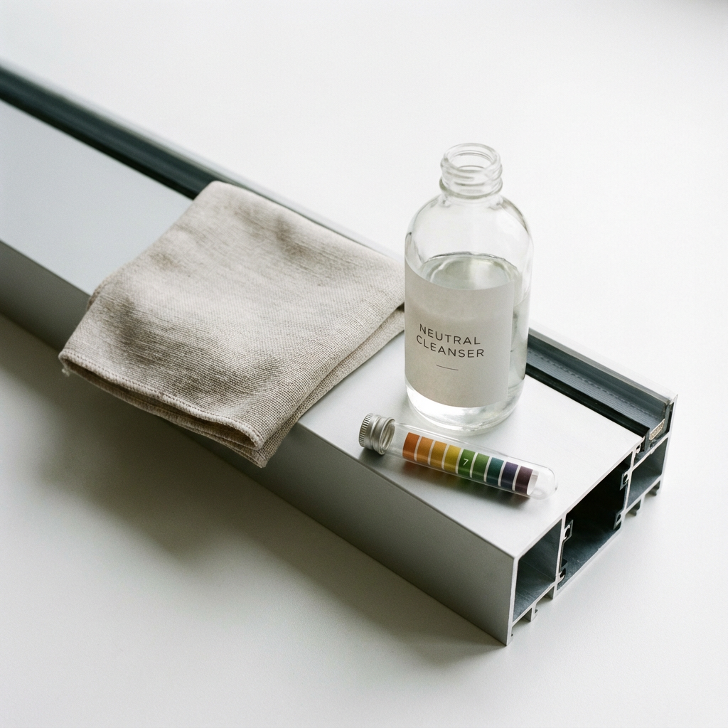 Elegant, minimalist still life composition showing a neutral cleanser bottle, a linen cloth, and a small tube with pH test strips (indicating neutral pH 7), all resting on a clean, silver aluminum window profile cross-section.