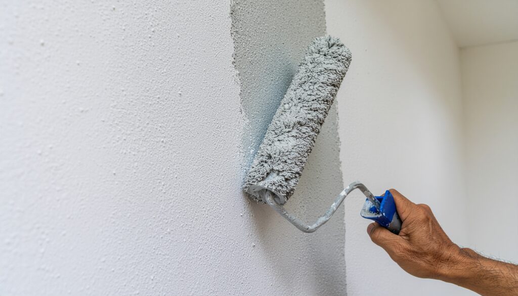 Close-up of a professional painter applying light gray paint to a textured interior wall using a roller during a home renovation or remodeling project.
