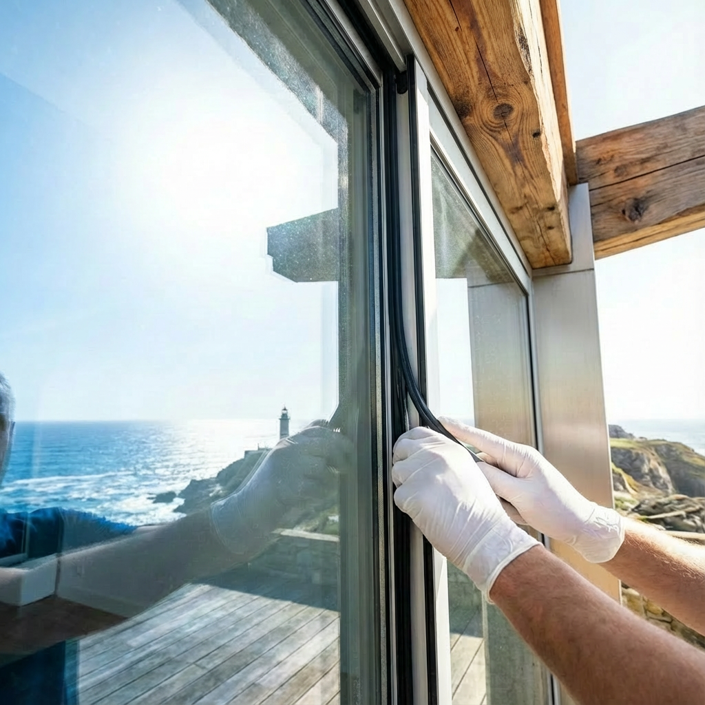 Close-up of a worker wearing white gloves applying a black rubber sealing gasket to a glass sliding door or window frame. The scene features a coastal view with the ocean and a distant lighthouse, framed by an exposed rustic wooden beam above.
