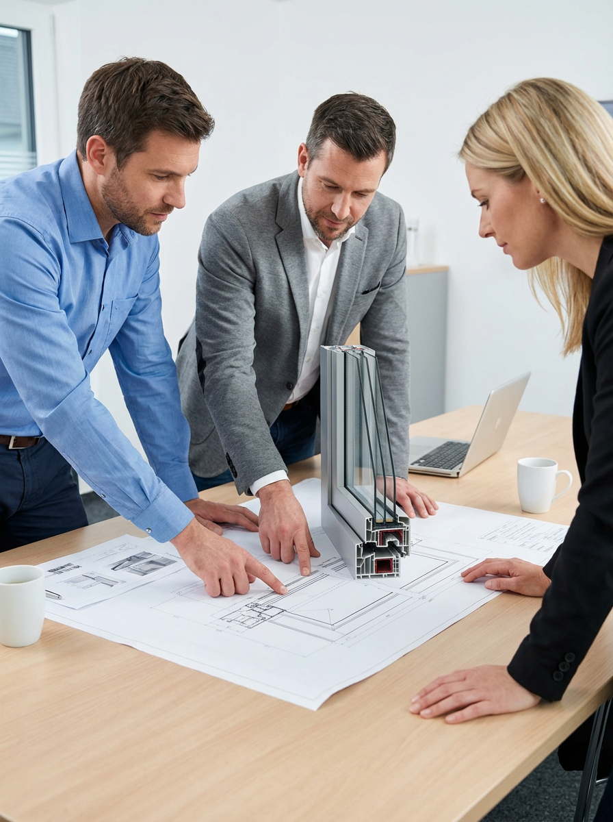 Three professionals reviewing architectural blueprints on a table. A cross-section model of an aluminum window profile is placed in the center of the consultation.