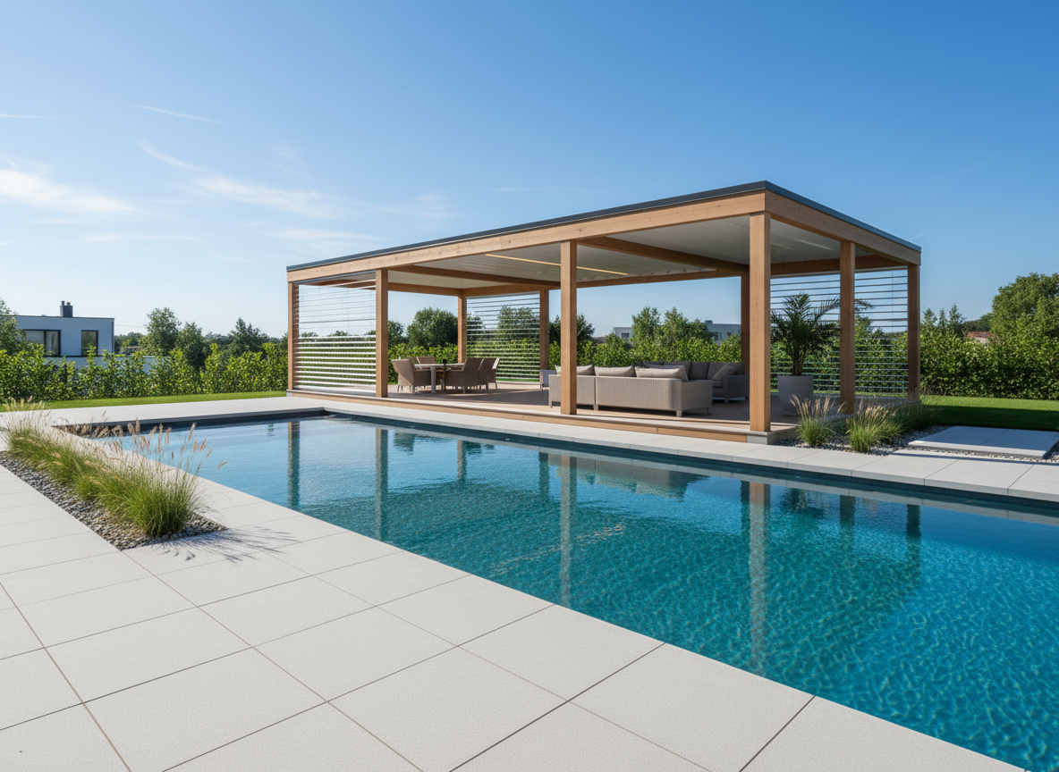 Modern pergola featuring wooden support beams and a gray retractable roof, positioned on a patio beside a large rectangular swimming pool with turquoise water, creating a sunny outdoor dining and lounge area.
