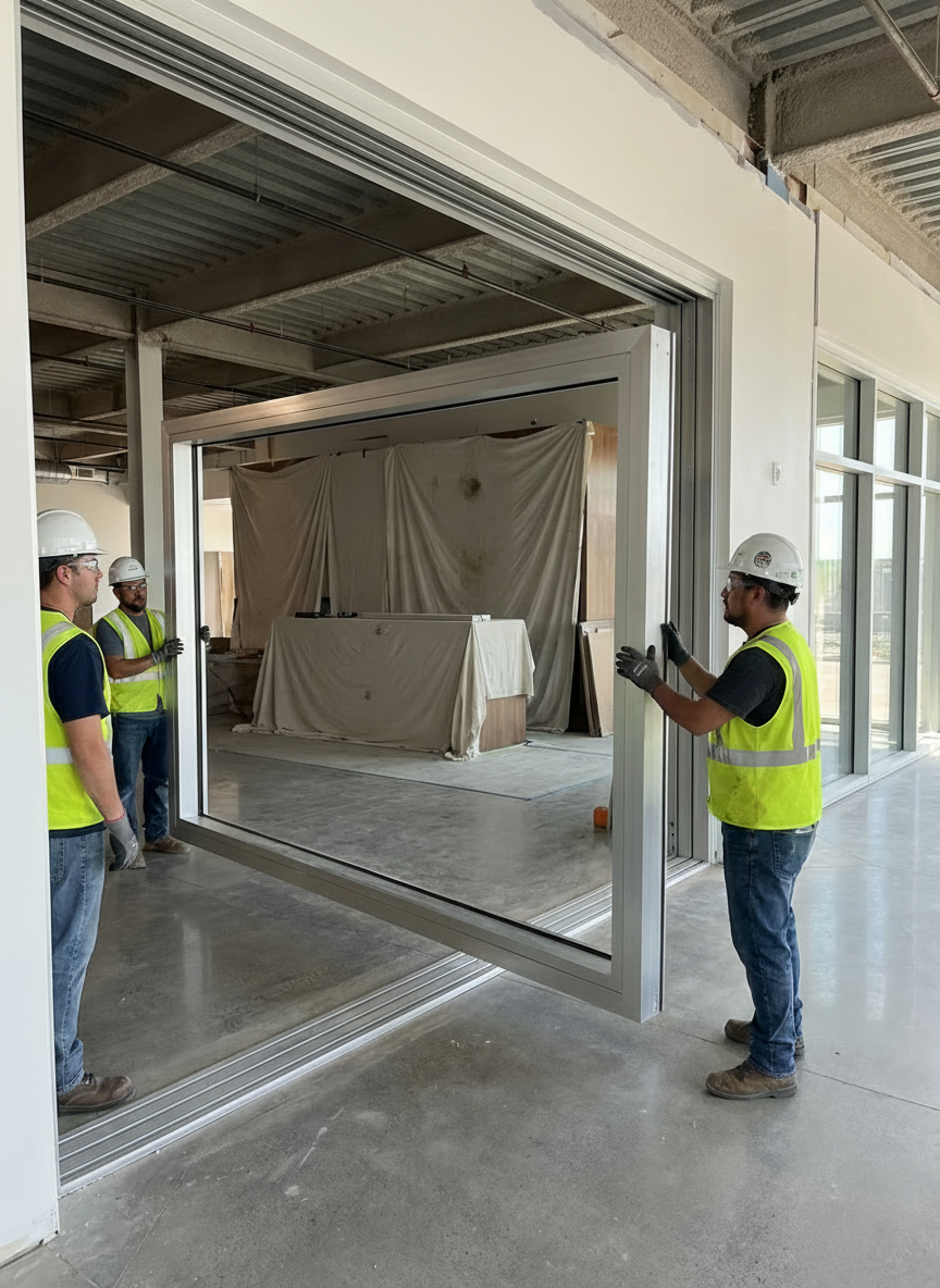 Wide-angle shot showing three construction workers in safety gear maneuvering a visibly large aluminum window frame at a construction site.