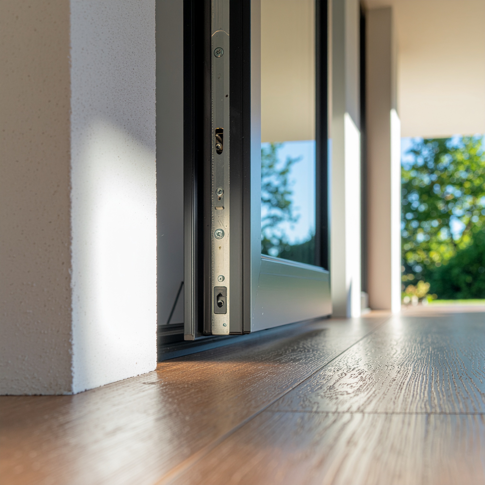 A video showing an automatic sliding glass door opening smoothly to reveal a stunning ocean view with waves crashing against dramatic cliffs at sunrise or sunset. The interior space features a light wood floor.