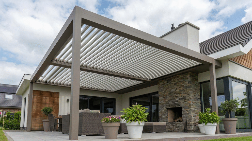 Large, modern bioclimatic pergola with adjustable white louvers over a luxury outdoor patio. The structure is attached to a house featuring a prominent stone-clad outdoor fireplace and sliding glass doors.