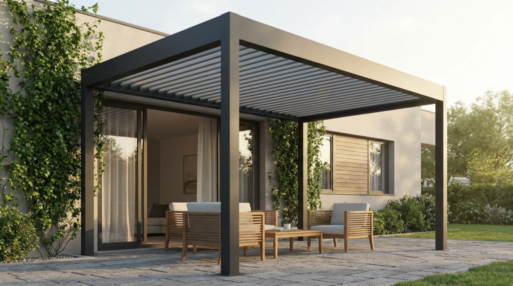 Modern black aluminum bioclimatic pergolaS attached to a contemporary house, featuring adjustable louvers on the roof. Underneath, a seating area with light wood outdoor furniture and cushions rests on a paved patio, surrounded by lush green foliage.