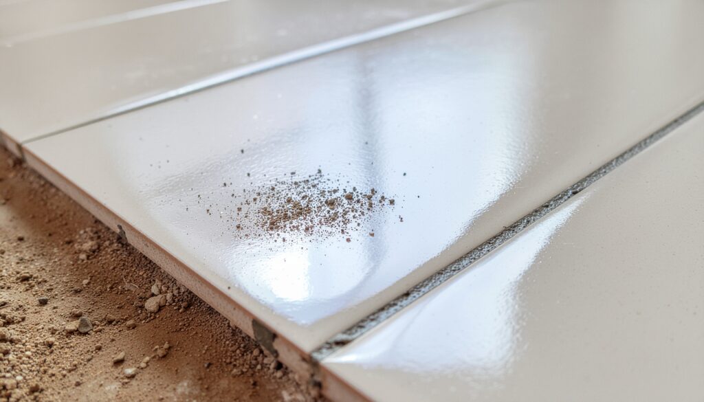 Extreme close-up of glossy white floor tiles showing uneven leveling (lippage) and wide, irregular grout lines. Construction debris (dirt/sand) rests on the edge of the tile.