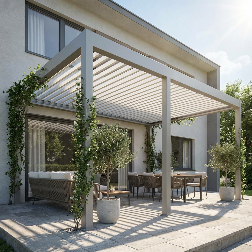 Light gray bioclimatic pergola over a stone-tiled terrace in a sunny, Mediterranean setting. The louvers cast long, dramatic shadows over the lounge and dining areas, surrounded by potted plants.