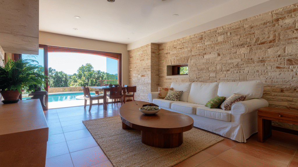 Interior of a living room featuring a white sofa, oval wooden coffee table, jute rug, and natural stone accent wall. Large sliding doors open to a terrace with a pool and an outdoor dining set.