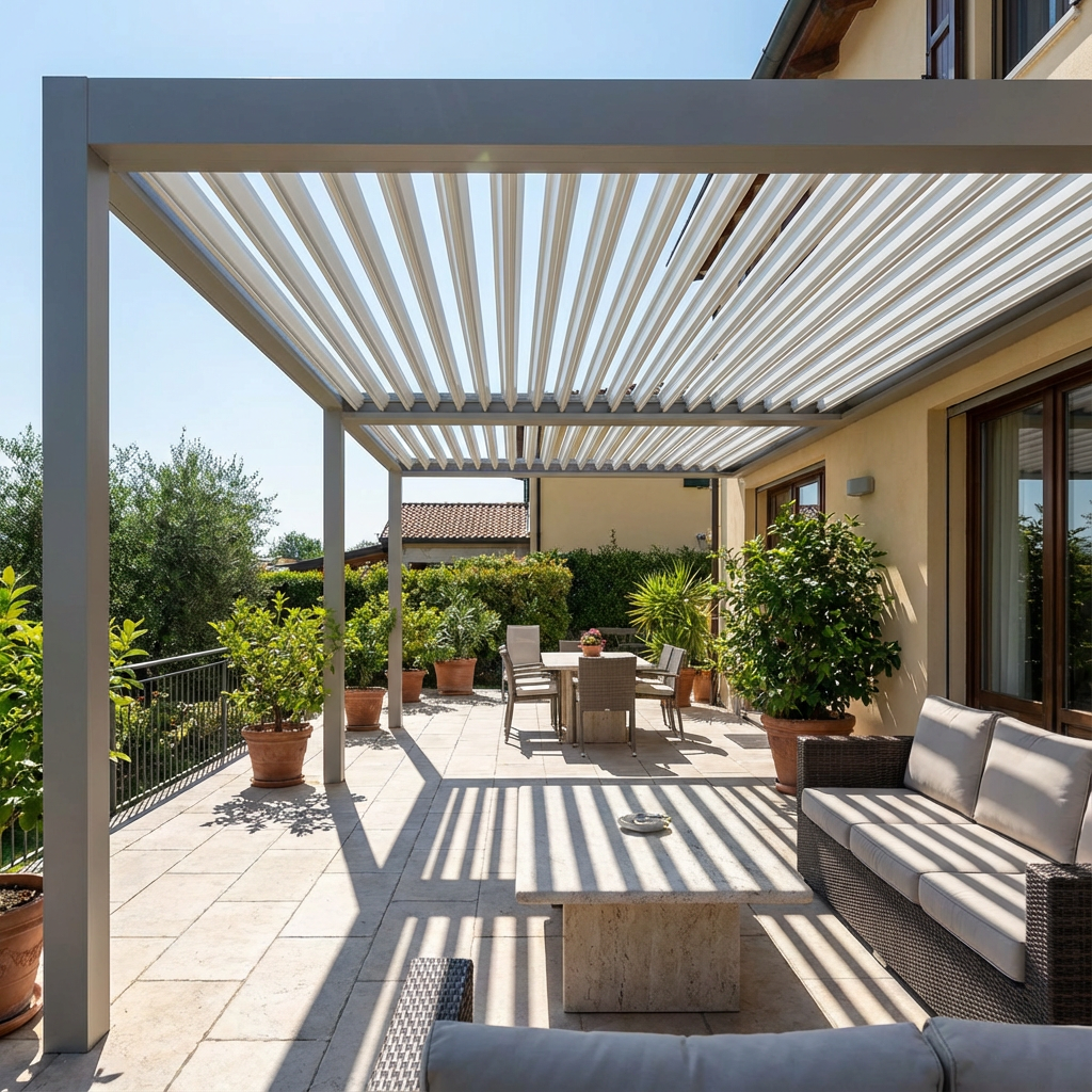 Large, modern taupe-colored aluminum bioclimatic pergola attached to a house. It covers an outdoor living space with dark furniture and a prominent feature wall with a stone fireplace.