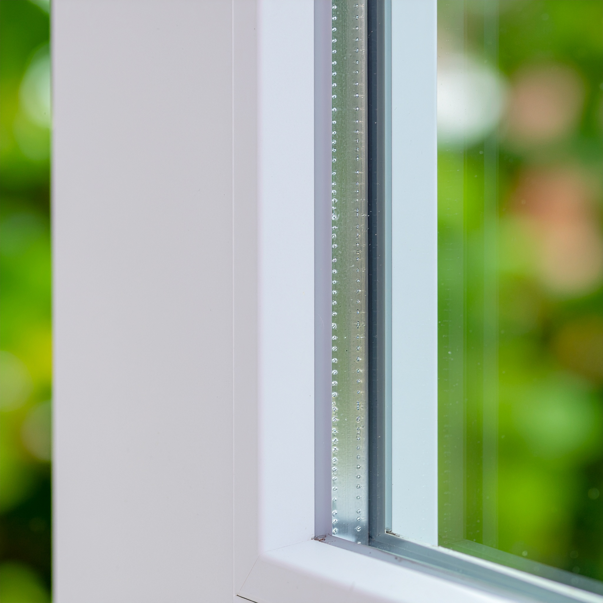 Macro detail shot of the corner of a white window frame, showing the edge of the glass and the metallic spacer bar (containing small moisture-absorbing spheres) within the double-pane insulation.