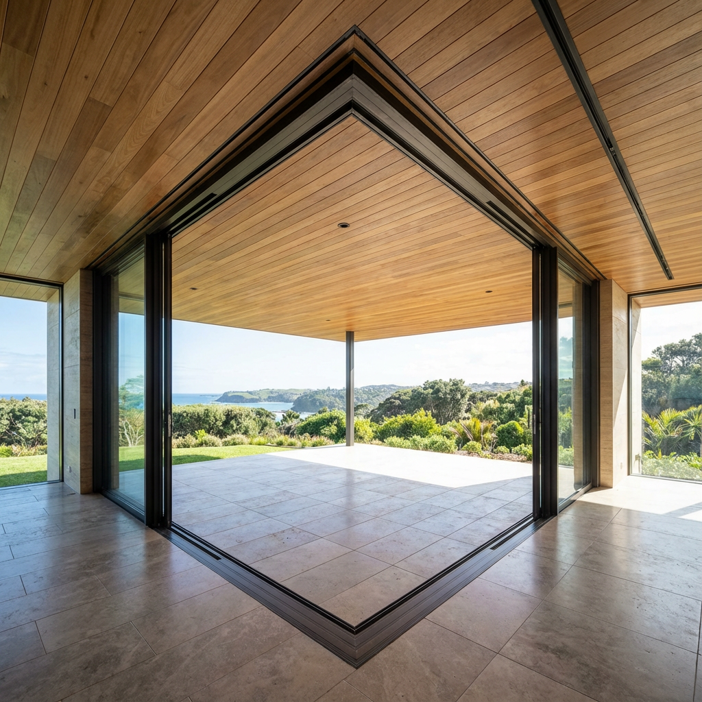 Close-up focus on the corner of a white window frame, showing the multi-point locking hardware. A metal bracket secures a black locking cylinder, highlighting the security features of the window against a green outdoor background
