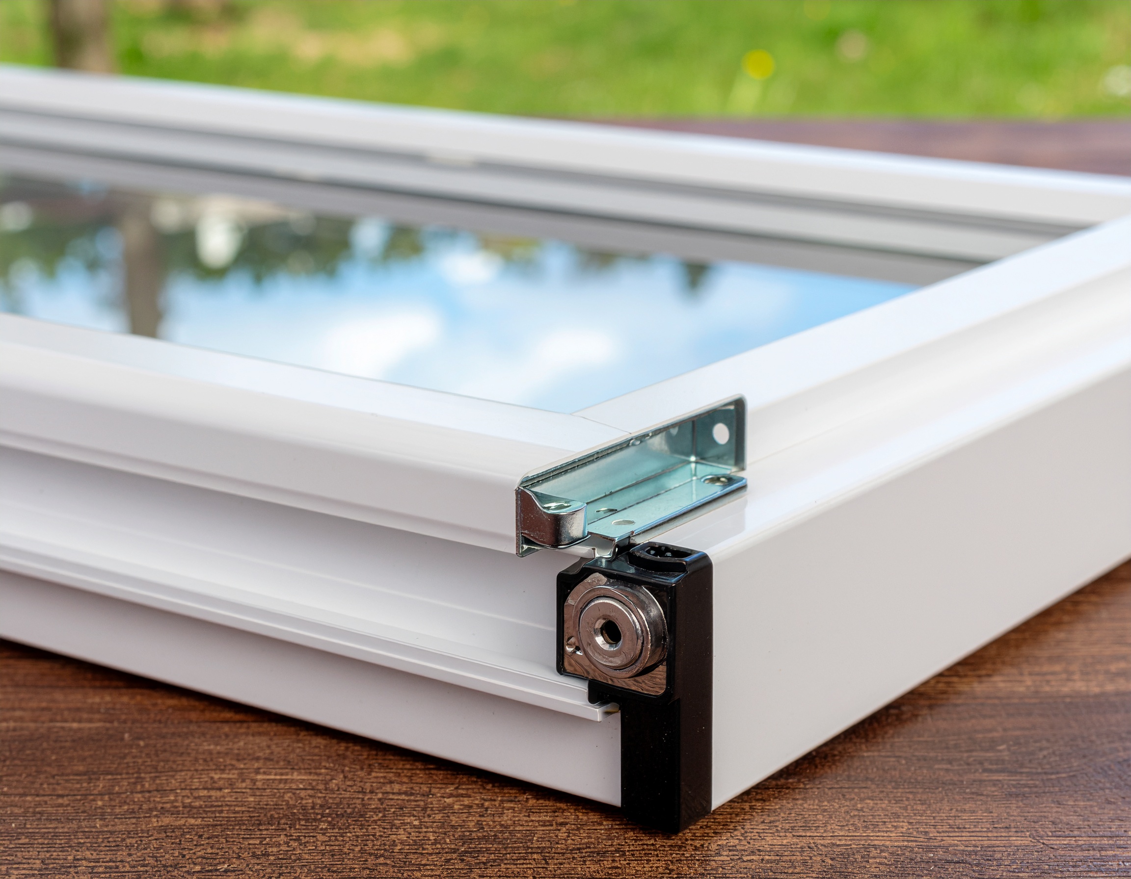 Close-up focus on the corner of a white window frame, showing the multi-point locking hardware. A metal bracket secures a black locking cylinder, highlighting the security features of the window.