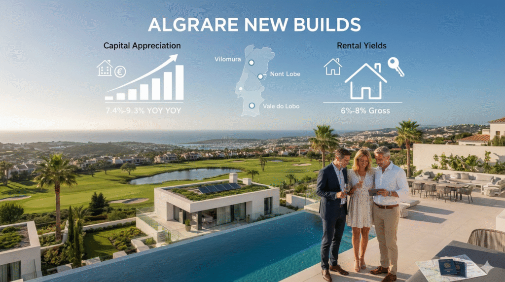 Investing in Algarve New Builds. A high-end real estate infographic showing capital appreciation and rental yield statistics over a luxury villa with a pool and golf course view.