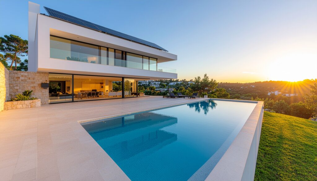 A side view of a white two-story luxury villa at sunset, featuring a roof covered in solar panels, large glass walls, and a rectangular infinity pool reflecting the golden sky.