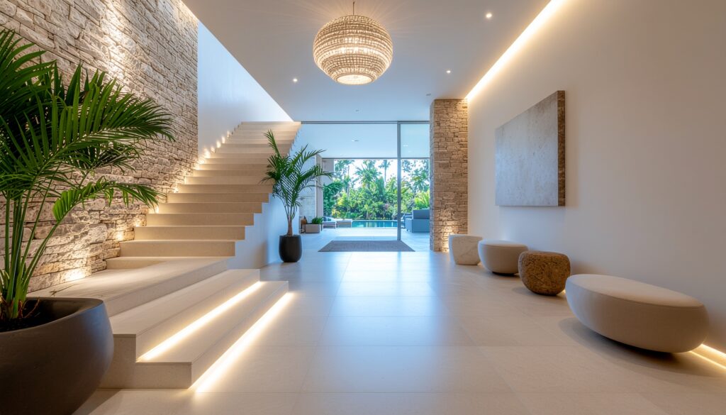 Luxury Resort Experience at Home. A luxurious minimalist villa entrance featuring a floating stone staircase with integrated LED lighting, textured stone walls, a large wicker pendant light, and indoor palm plants.