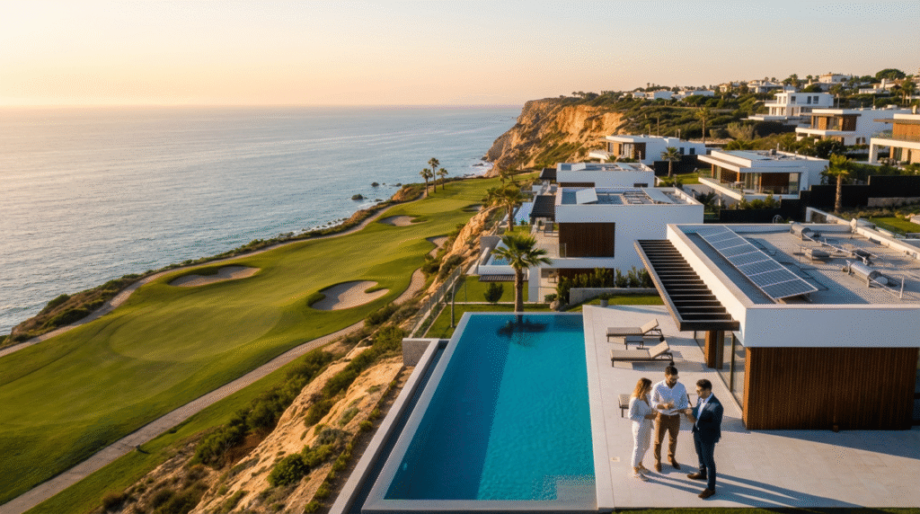 A group of professionals standing on a modern villa terrace with an infinity pool, overlooking a lush green golf course and the ocean at sunset.