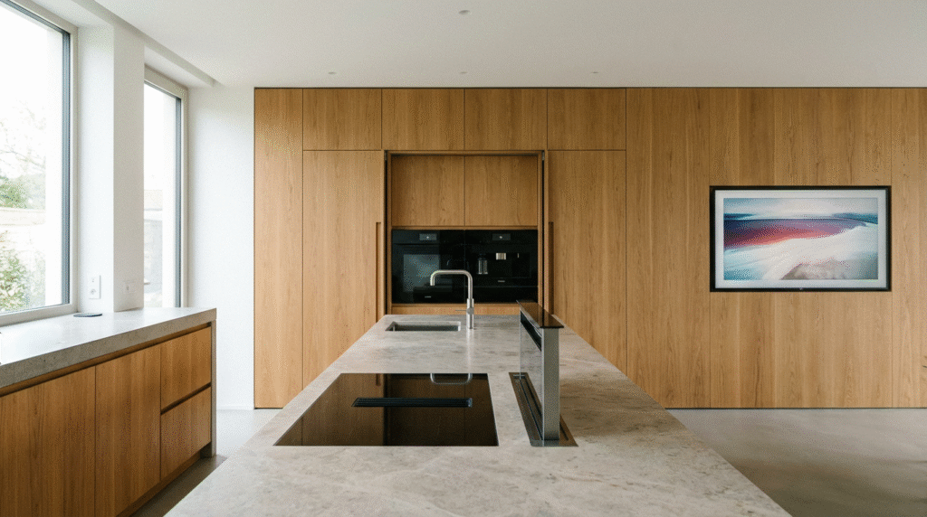 A sleek, modern kitchen featuring seamless light wood cabinets, a large stone island with an integrated cooktop, and a built-in digital art frame.