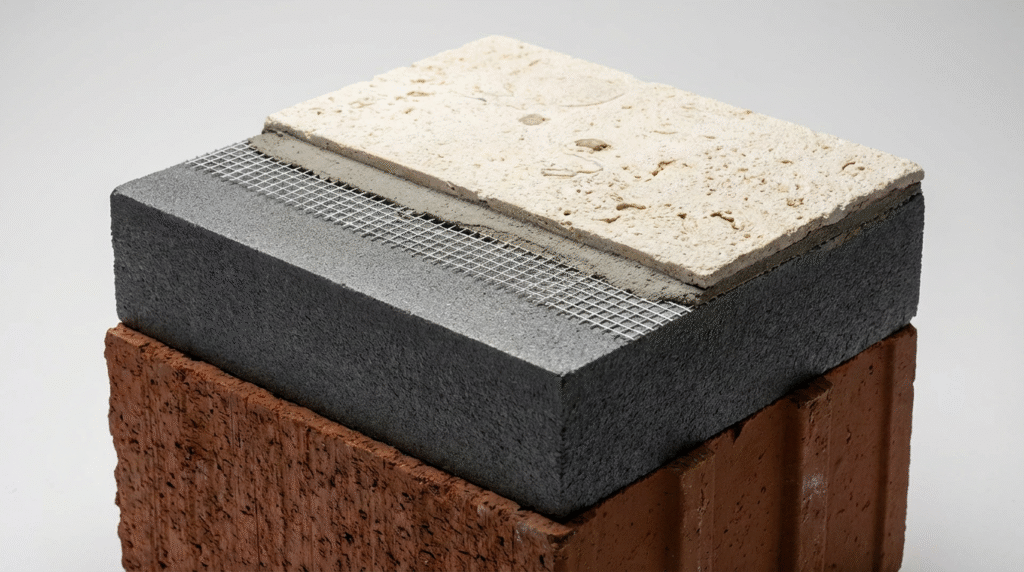 A close-up architectural cross-section showing layers of a red clay brick base, thick gray insulation, and a natural cream stone finish with reinforcing mesh.