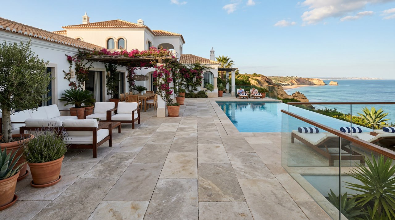 Traditional Algarve villa with large travertine stone terrace, outdoor seating and infinity pool overlooking the sea