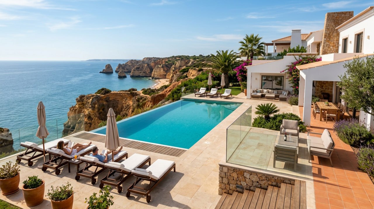 Luxury Algarve villa terrace with infinity pool, travertine paving and panoramic views of the Atlantic cliffs