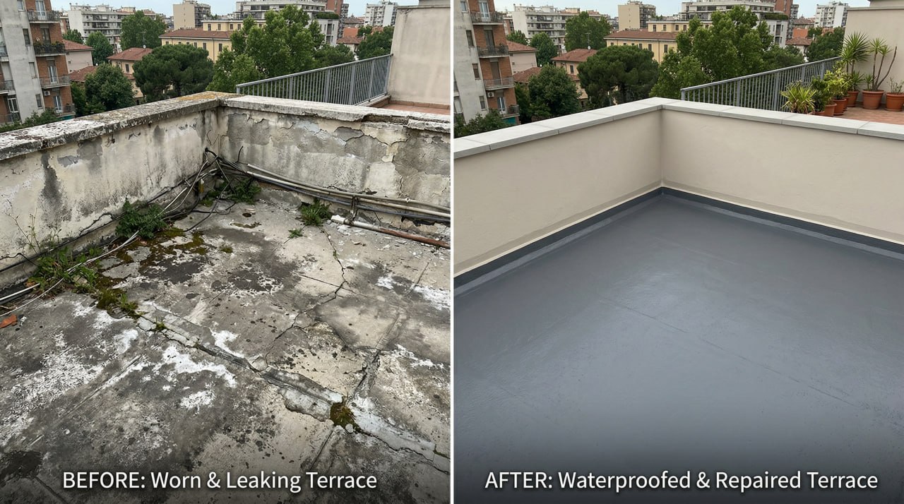 Before and after terrace waterproofing repair — worn leaking terrace restored to pristine waterproofed surface